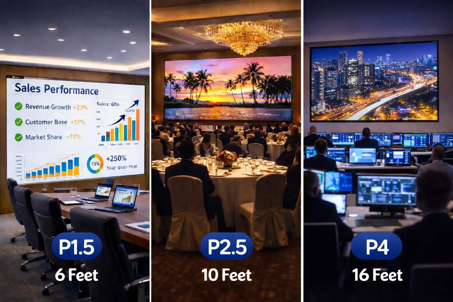 contoh penggunaan pixel pitch videotron indoor di berbagai ruangan