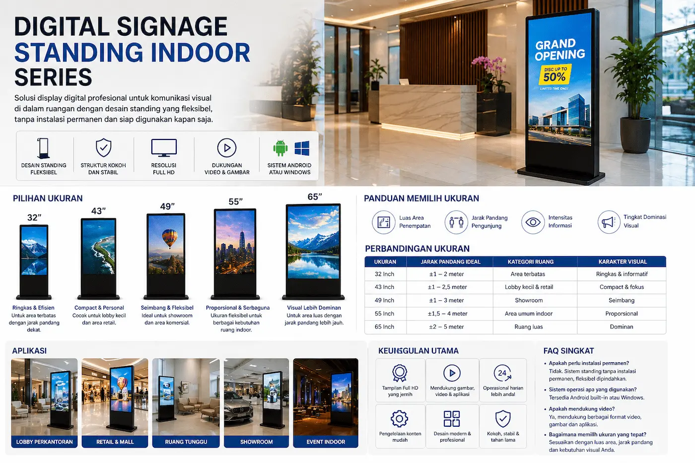 digital signage standing indoor series ukuran 32 hingga 65 inch untuk display informasi dan promosi indoor