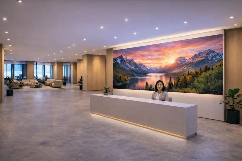 Videotron lobby indoor di area resepsionis modern dengan tampilan landscape dan petugas resepsionis