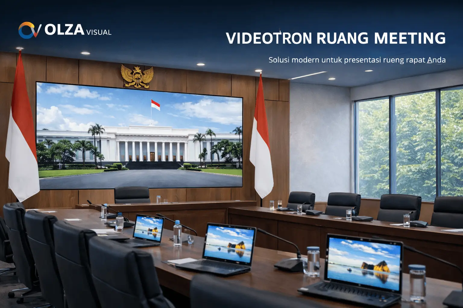 Videotron ruang meeting dengan layar LED indoor P1.5 dan bendera merah putih di ruang rapat modern
