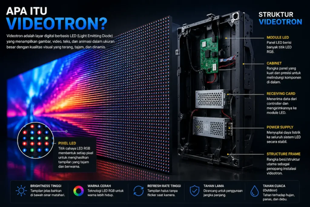 Close up LED display dan struktur videotron profesional