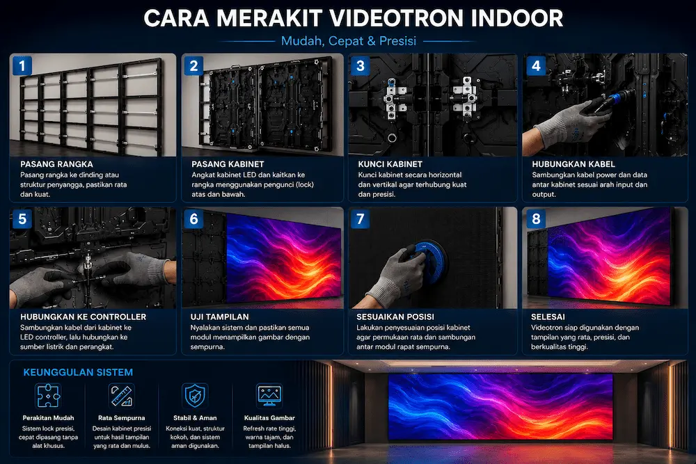 Cara merakit videotron indoor mulai dari pemasangan rangka hingga testing tampilan LED
