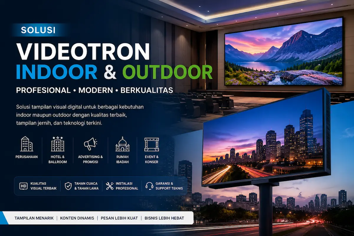 Hero banner solusi videotron indoor dan outdoor profesional untuk ballroom advertising meeting room dan event