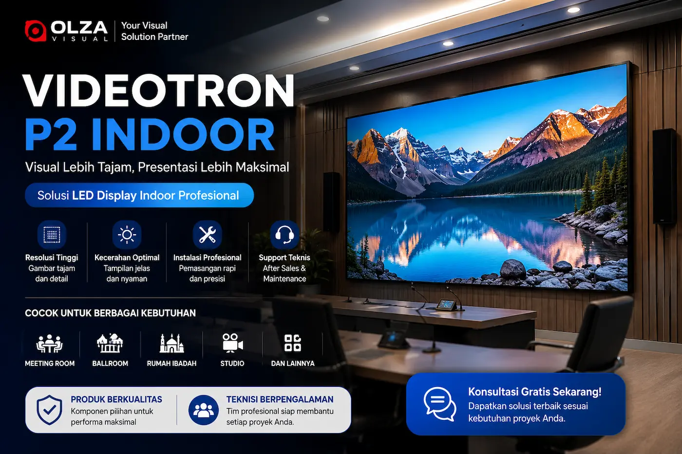Hero banner videotron P2 indoor untuk meeting room ballroom dan kebutuhan visual profesional