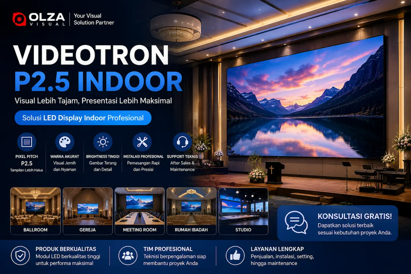 Hero banner videotron P2.5 indoor untuk ballroom gereja meeting room dan rumah ibadah
