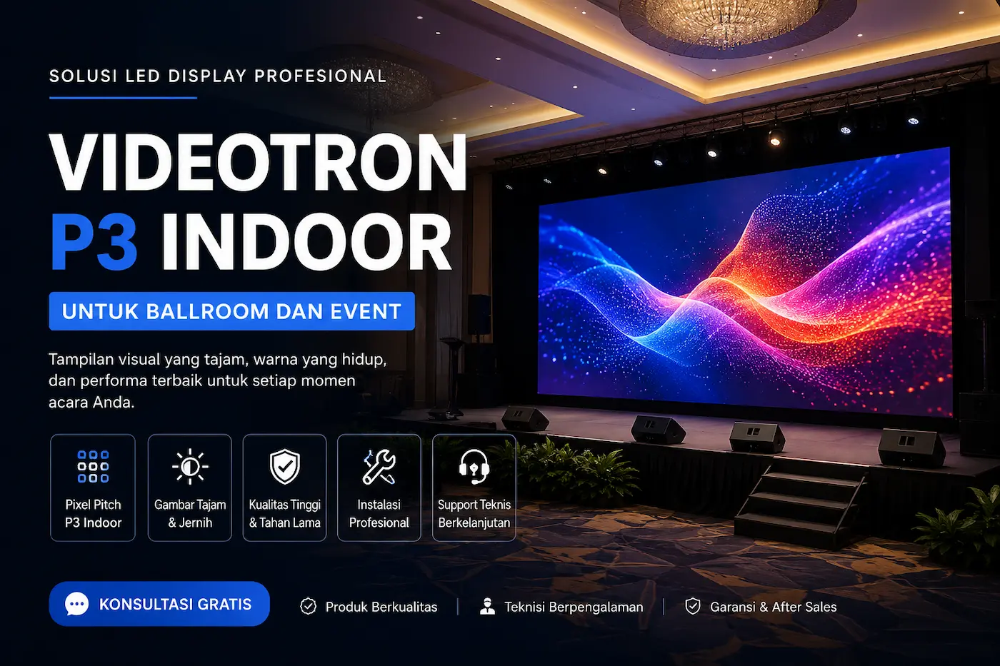 Hero banner videotron P3 indoor untuk ballroom event meeting room dan kebutuhan visual profesional