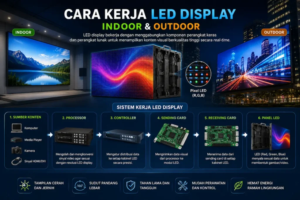 Infografis cara kerja LED display indoor dan outdoor pada sistem videotron