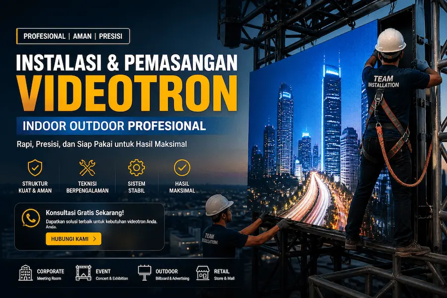 Instalasi dan pemasangan videotron indoor outdoor profesional dengan teknisi di lokasi proyek