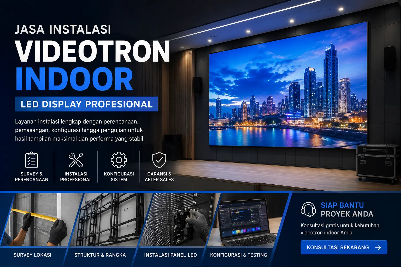 Jasa instalasi videotron indoor LED display profesional untuk meeting room dan auditorium