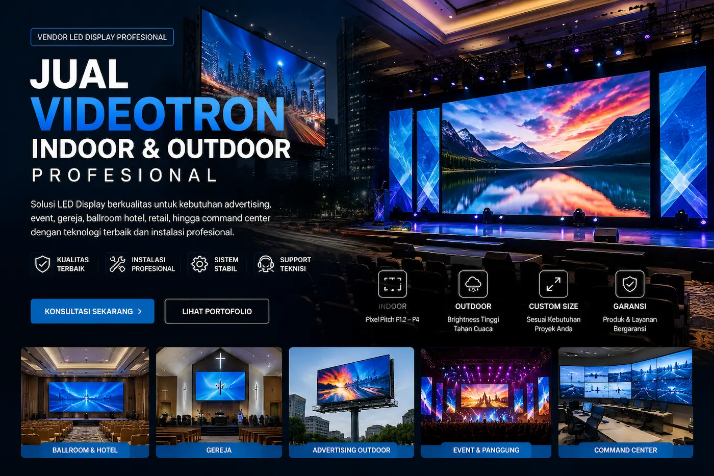 Jual videotron indoor dan outdoor profesional untuk event, gereja, ballroom hotel, dan advertising digital
