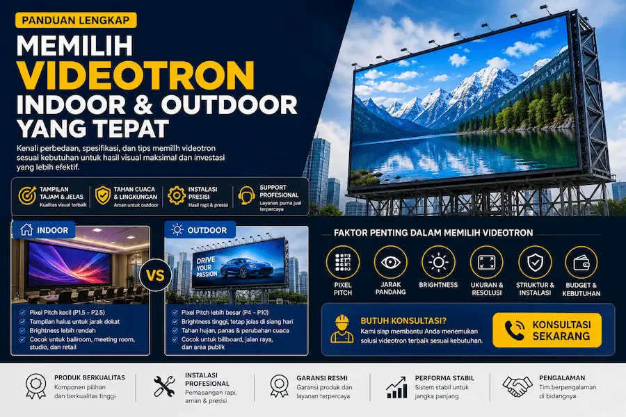 Panduan memilih videotron indoor dan outdoor dengan perbandingan LED display dan faktor penting seperti pixel pitch dan brightness.