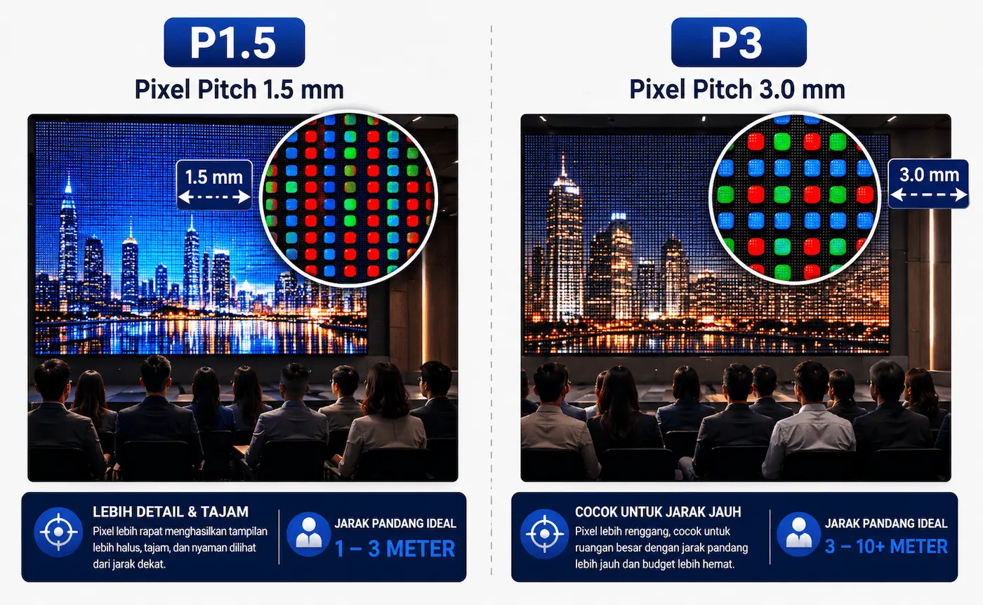 Perbandingan pixel pitch videotron indoor P1.5 dan P3 dengan ilustrasi jarak antar LED