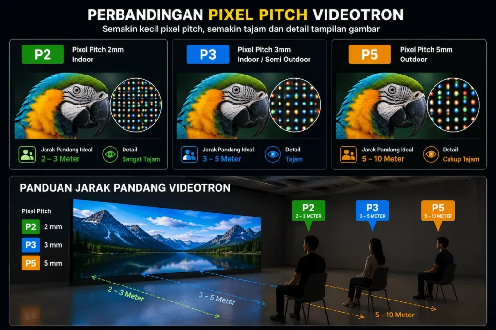 Perbandingan pixel pitch videotron P2 P3 dan P5 berdasarkan jarak pandang