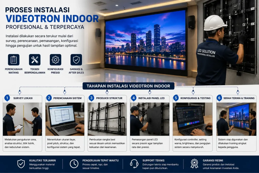 Proses instalasi videotron indoor LED display mulai survey hingga testing sistem