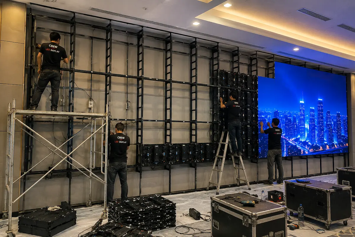 Proses pemasangan layar LED indoor dengan rangka besi dan teknisi profesional