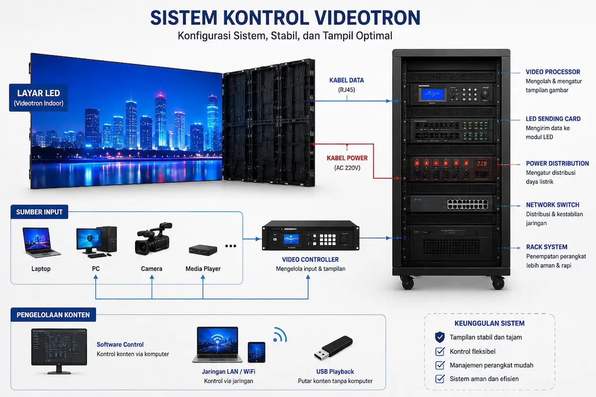 Diagram sistem kontrol videotron indoor dengan video processor dan controller LED