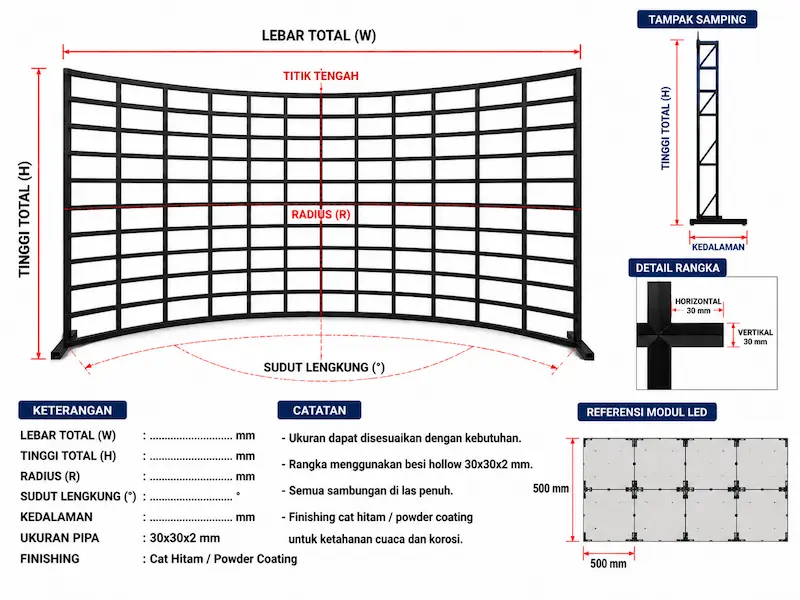 Template rangka videotron curve custom untuk instalasi LED display indoor