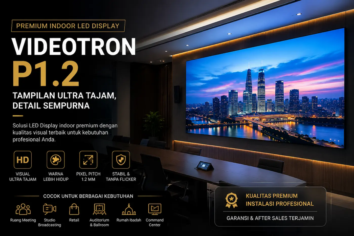 Videotron P1.2 indoor premium dengan tampilan ultra tajam untuk ruang meeting dan studio profesional
