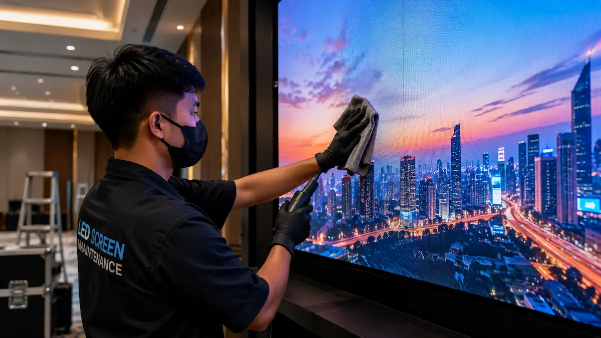 Teknisi melakukan perawatan videotron indoor secara berkala