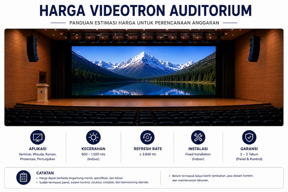 Harga videotron auditorium berdasarkan ukuran layar dan pixel pitch