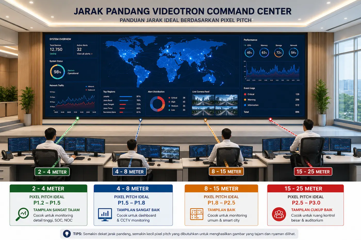 Jarak pandang videotron command center untuk monitoring data dan operasional real-time
