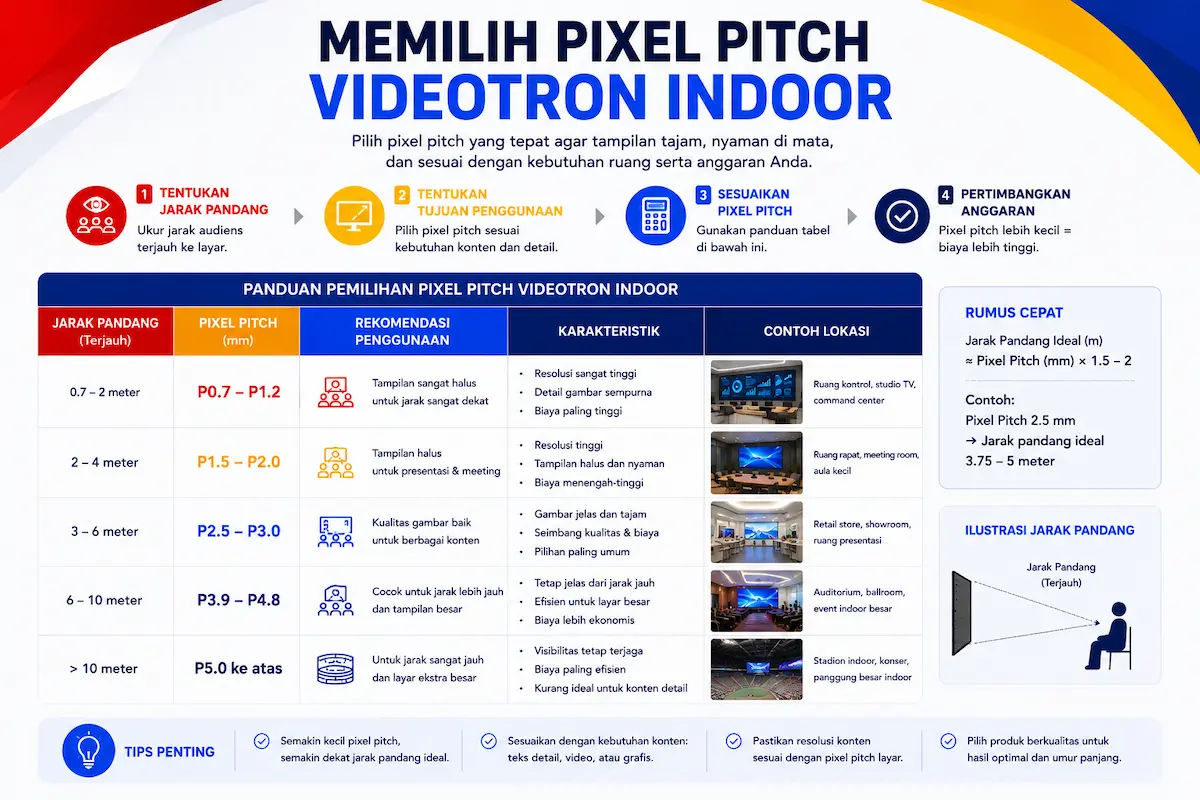 Cara memilih pixel pitch videotron indoor berdasarkan jarak pandang dan kebutuhan ruangan