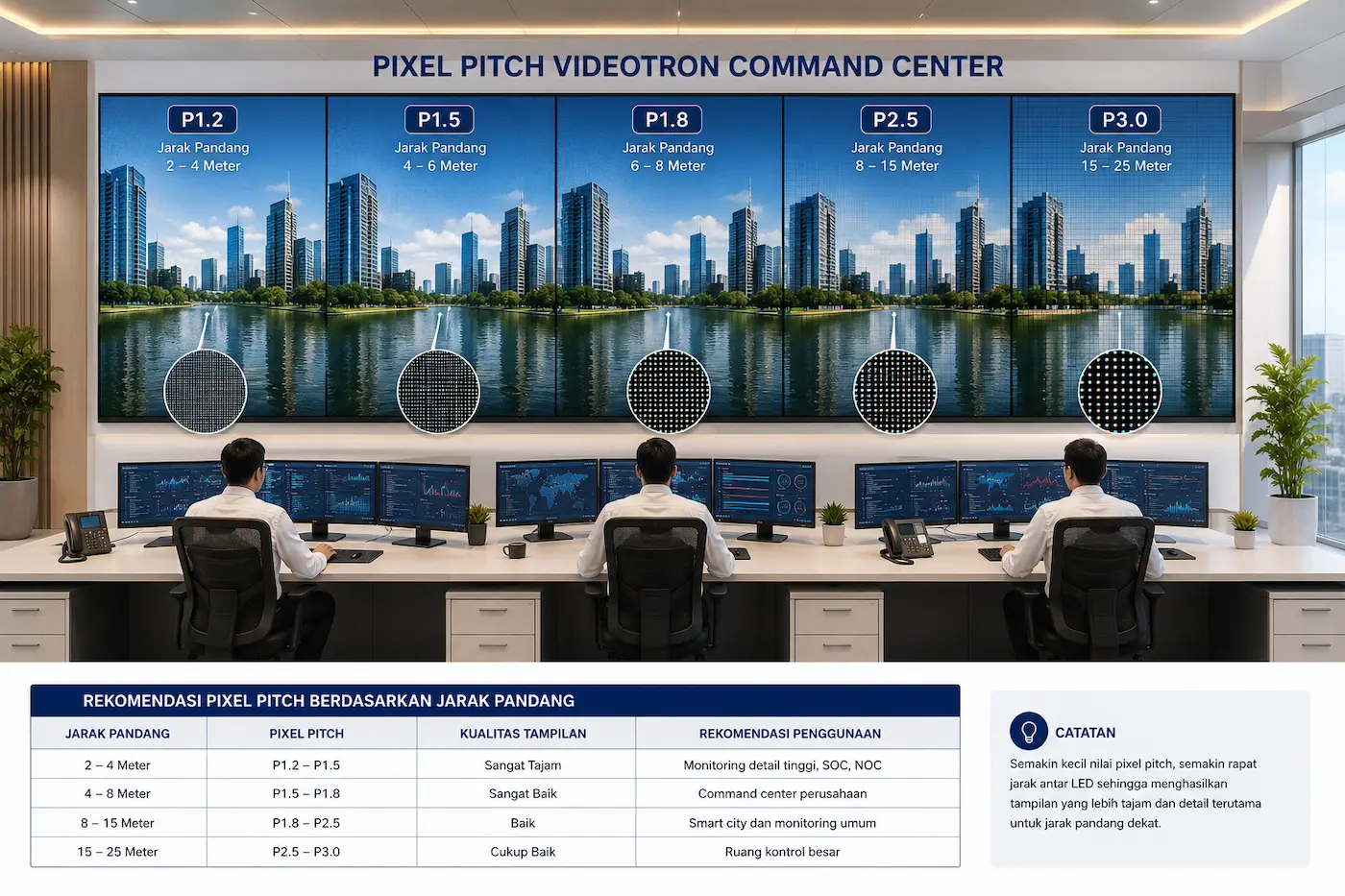Pixel pitch videotron command center untuk monitoring data dan dashboard real-time