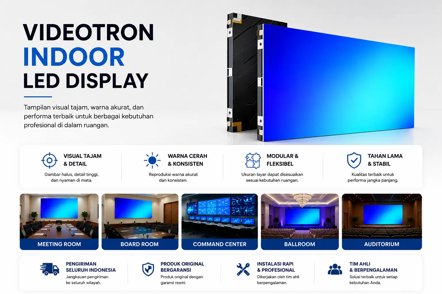 Videotron indoor LED display untuk meeting room, ballroom, auditorium, board room, dan command center