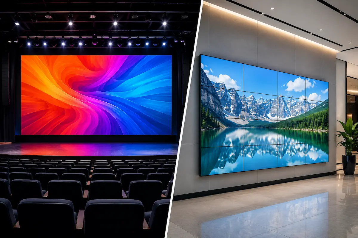 Perbandingan videotron indoor dan video wall pada ruang presentasi modern