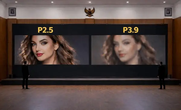perbandingan pixel pitch videotron indoor ballroom P1.5 P2.5 P3.9