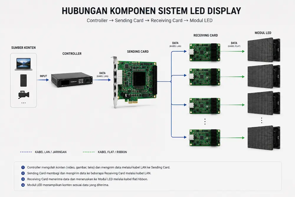 Hubungan Sending Card Receiving Card dengan Controller dan LED Module