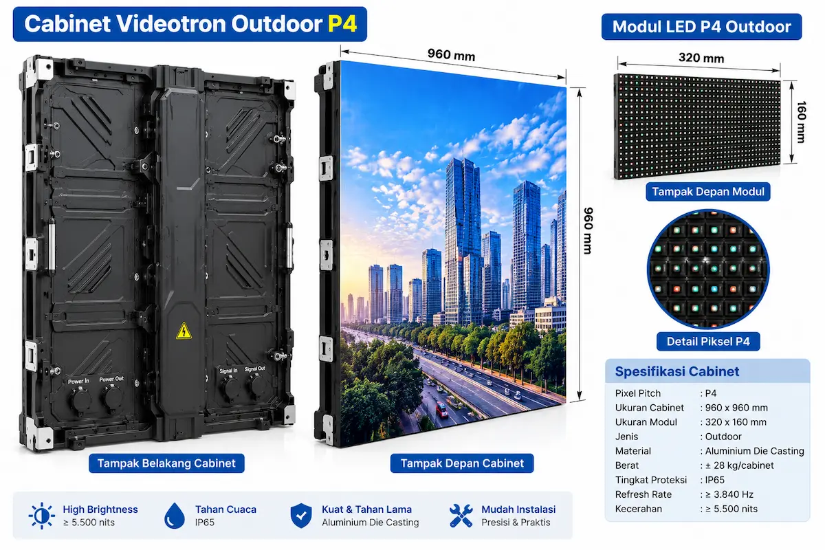 Struktur pemasangan Videotron Outdoor P4 pada area luar ruangan