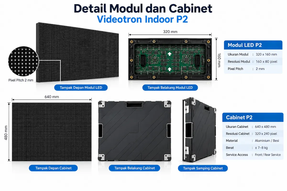 Detail modul LED dan cabinet Videotron Indoor P2