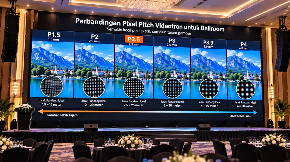 perbandingan pixel pitch Videotron Ballroom P2 P2.5 P3 P3.9 P4