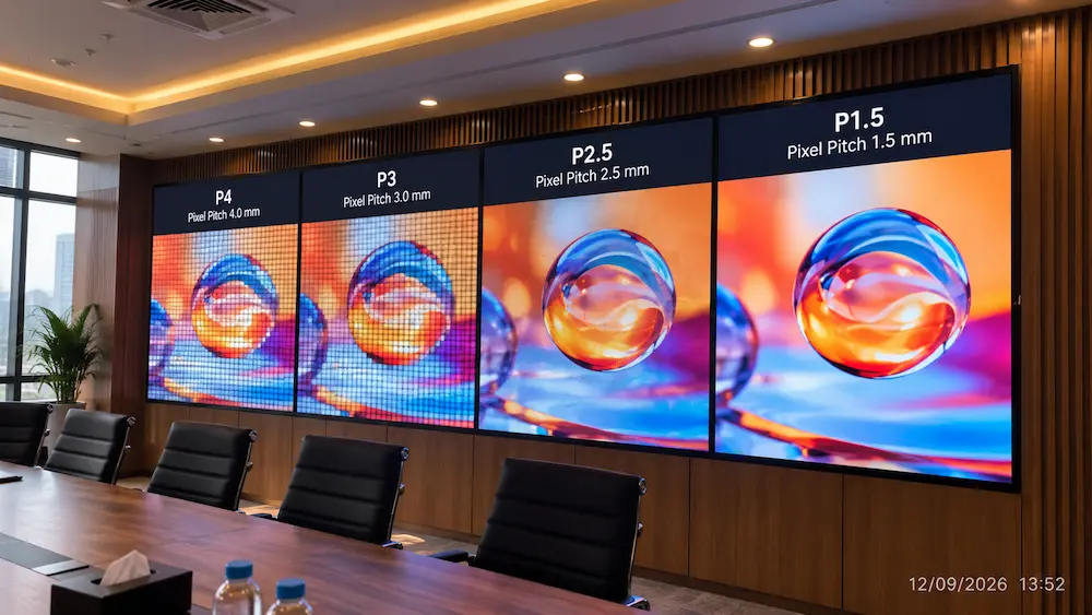 Perbandingan pixel pitch videotron indoor P1.2 P1.5 P2 P2.5 P3 dan P3.9