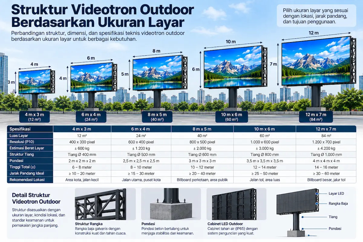 Struktur pemasangan Videotron Outdoor berdasarkan ukuran layar
