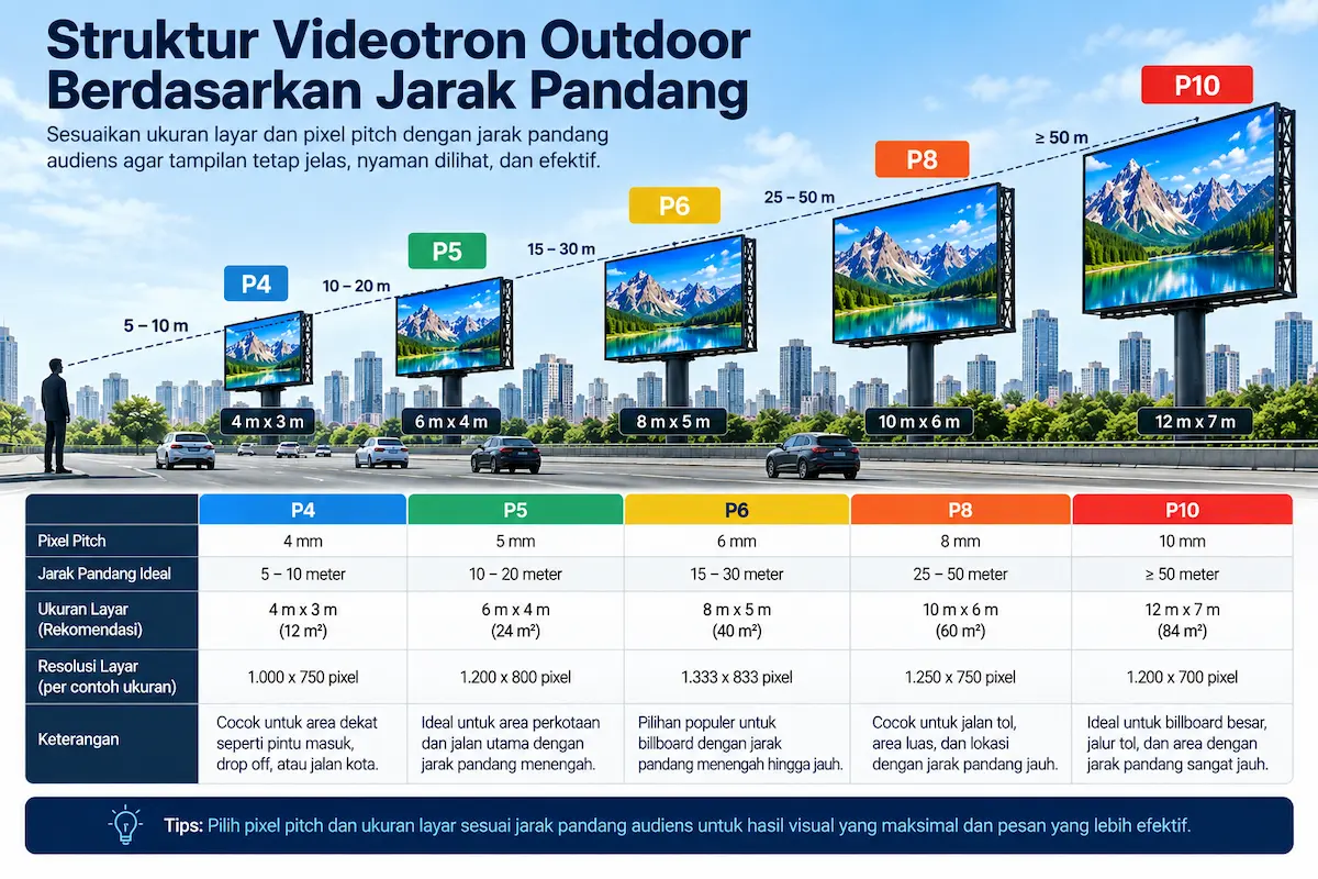 Struktur pemasangan Videotron Outdoor berdasarkan jarak dan ukuran layar