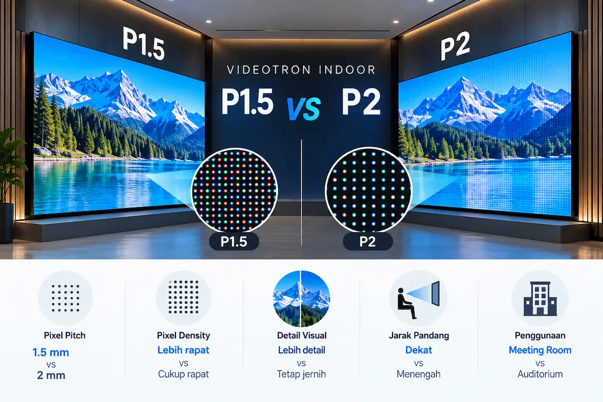 Ilustrasi perbandingan Videotron Indoor P1.5 dan P2