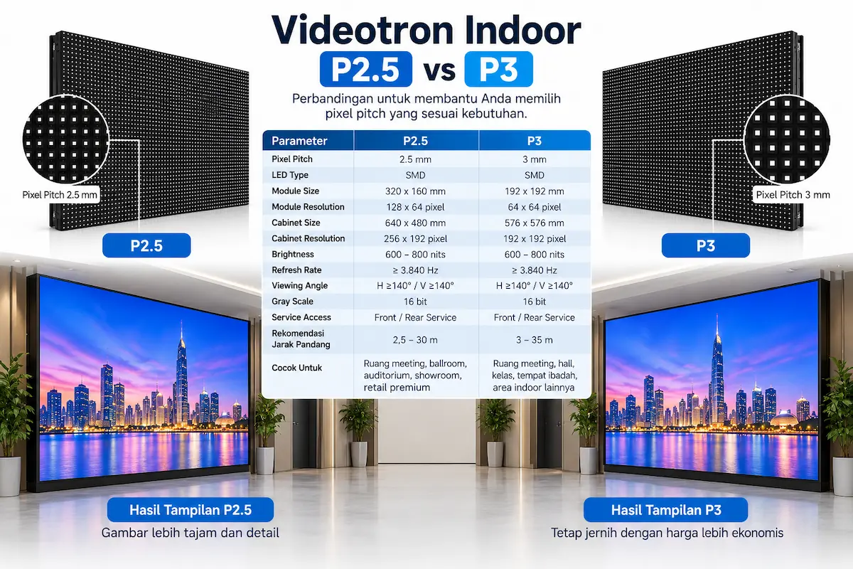 Perbandingan Videotron Indoor P2.5 dan P3