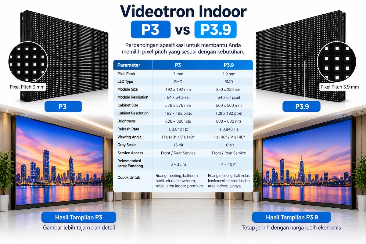 Perbandingan Videotron Indoor P3 dan P3.9