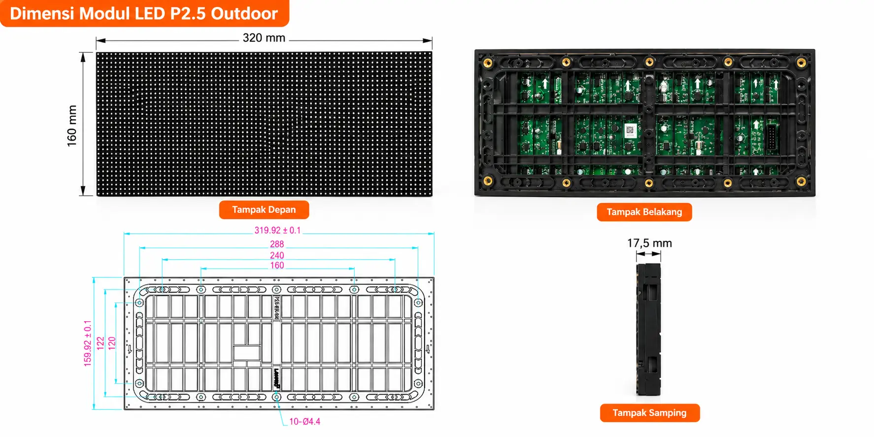 Modul LED P2.5 Outdoor tampak depan dan belakang