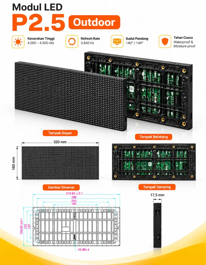 Dimensi teknis modul LED P2.5 Outdoor 320 x 160 mm